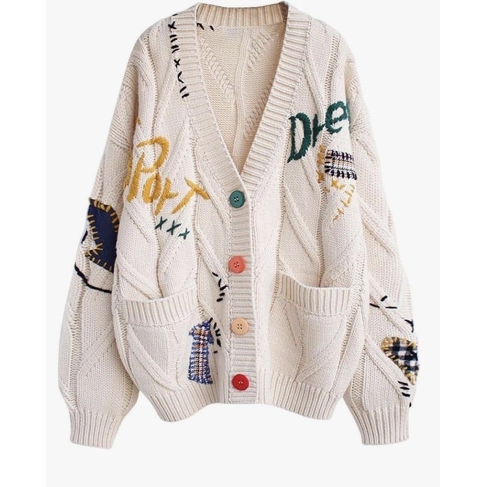 Unbranded Graffiti Cable Knit Cardigan Women Medium Beige New Sport Dream